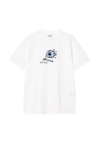 Camiseta blanca de algodón con un cerdito de dibujos animados en color azul y el texto "CONSEJOS FINANCIEROS SÓLIDOS DESDE BY" impreso en la parte delantera en negro y azul.