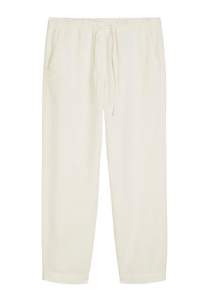 Pantalons clairs couleur crème avec une taille élastique, un cordon de serrage ajustable et deux poches latérales. Tissu lisse, coupe droite.