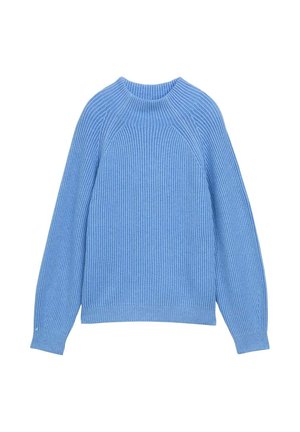 Maglione a coste di color blu chiaro con scollo rotondo, maniche raglan e tessuto testurizzato. Presenta una vestibilità rilassata e maniche con polsini.
