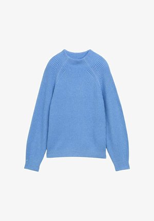 Suéter de punto acanalado de color azul claro con cuello redondo, mangas raglán y tejido texturizado. Presenta un corte holgado y mangas con puños.