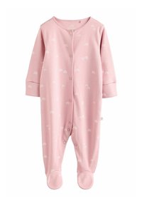 Rosa Babykleid aus weichem Stoff, mit kleinen weißen Regenbogenmustern, langen Ärmeln, Druckknöpfen und Fußteil.
