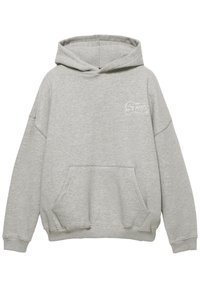 Grå hættetrøje lavet af bomuldsblanding, med en forlomme og broderet logo på brystet. Afslappet pasform med ribbede manchetter.
