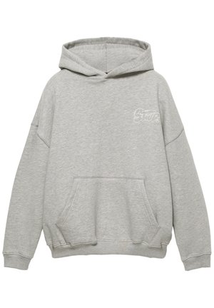 Gray hooded sweatshirt made of cotton blend fabric, featuring a front pocket and embroidered logo on the chest. Relaxed fit with ribbed cuffs.