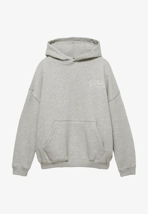 Gray hooded sweatshirt made of cotton blend fabric, featuring a front pocket and embroidered logo on the chest. Relaxed fit with ribbed cuffs.