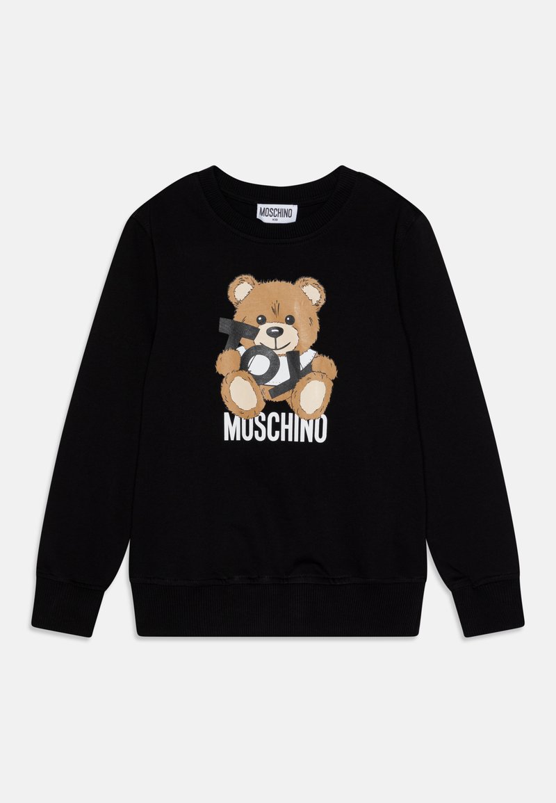 Juodas džemperis su meškiuko grafika, kurioje yra žodis "ŽAISLAS" ir "MOSCHINO" baltu tekstu. Minkšta medvilnės medžiaga su išpjautomis rankovėmis.