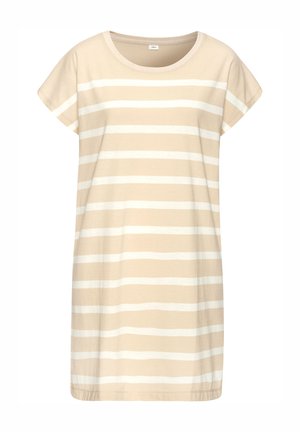 Light beige cotton dress with short sleeves and a round neck. Features horizontal white stripes and a relaxed fit. No visible fastenings.