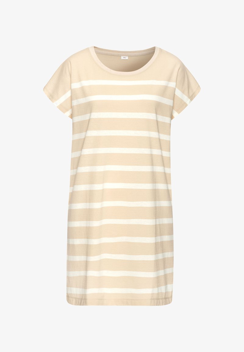 Light beige cotton dress with short sleeves and a round neck. Features horizontal white stripes and a relaxed fit. No visible fastenings.