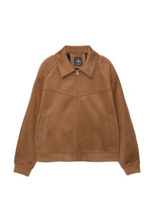 Brown faux suede zip-up jacket with a wide collar, two front pockets, and ribbed cuffs. Features a smooth, matte texture and clean lines.