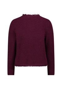 Burgundy knitted sweater with long sleeves, textured fabric, frayed neckline and hem, and a cropped fit.