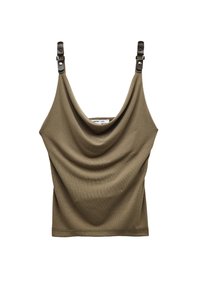 Top senza maniche di un verde oliva, con un design drappeggiato, una texture morbida e spalline regolabili in metallo scuro. Presenta un orlo dritto.