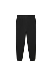 Pantalones de chándal negros con cintura elástica, piernas ajustadas y puños ceñidos en los tobillos. Fabricados con una tela suave y lisa.