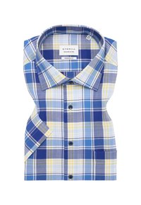 Korte mouwen geruit overhemd in blauw, geel en wit. Heeft een button-down kraag, moderne pasvorm en contrasterende knopen.