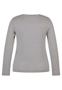 Langärmliges gestreiftes Hemd mit marineblauen und cremefarbenen horizontalen Streifen, rundem Halsausschnitt und figurbetontem Design. Weicher, dehnbarer Stoff.