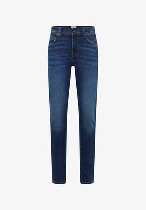 Jeans din denim de un albastru închis, cu o croială slim, având un design clasic cu cinci buzunare, închidere cu nasture și detalii discrete de decolorare pe coapse.