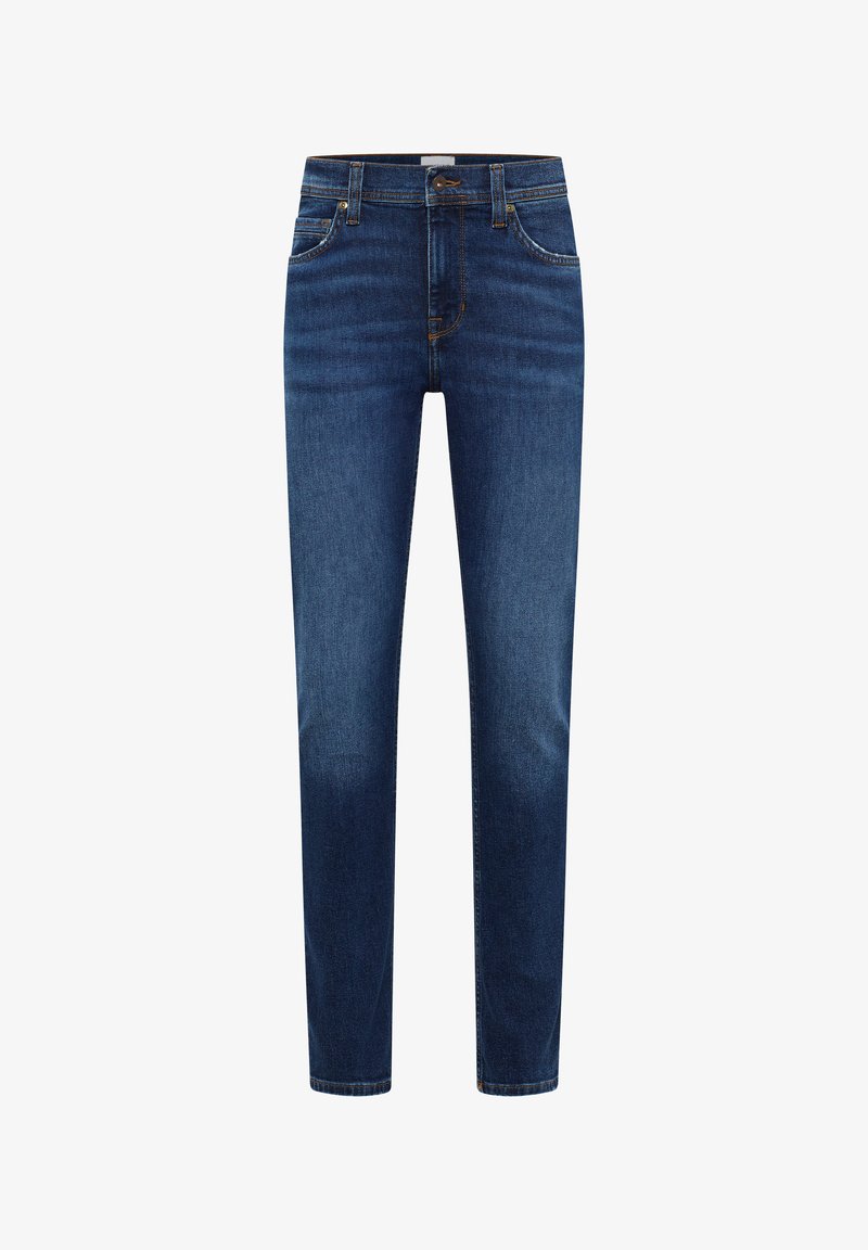 Sötétkék farmernadrág, slim fit szabású, klasszikus öt zsebes dizájnnal, gombos záródással és finom fakulással a combokon.