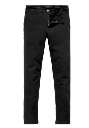 Schwarze Slim-Fit-Hosen für Herren mit Gürtelschlaufen und einem offenen Reißverschluss, flach auf einem weißen Hintergrund ausgelegt.