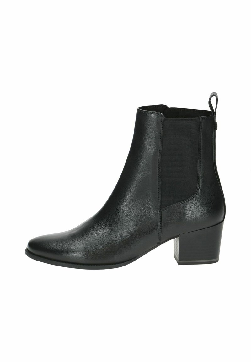 Black leather ankle boot with a pointed toe, elastic side panels, and a block heel. Smooth texture with a minimalistic design.