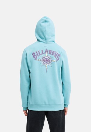 Persona che indossa una felpa con cappuccio azzurro chiaro con un logo Billabong viola e bianco sulla schiena, di spalle su uno sfondo chiaro uniforme.