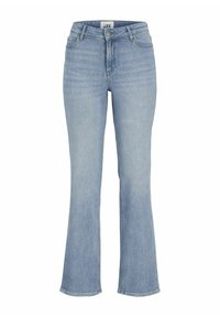 Svijetloplavi traperasti široki traperice s visokim strukom, pet džepova i kopčanjem na dugme. Tkanina ima glatku teksturu s suptilnim izblijedjeljima.