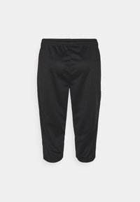 Black athletic capri pants made of lightweight material, featuring an elastic waist, side pockets, and a smooth texture.