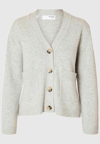 Šviesiai pilkas vilnonis kardiganas su V formos iškirpte, keturių mygtukų užsegimu, dviem priekinėm kišenėm ir raštuotais rankogaliais bei apačia. Minkšta tekstūra ir klasikinis dizainas.