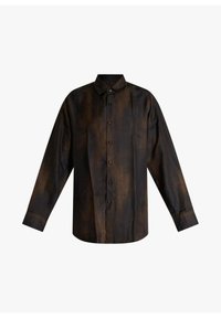 Camicia a maniche lunghe color marrone scuro con sottili striature bronzo, design con bottoni frontali, collo classico e polsini con bottone singolo.