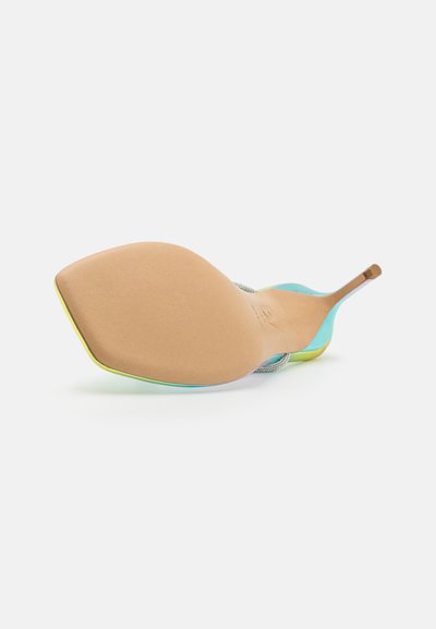 High-heeled sandal with a turquoise and yellow gradient sole, featuring a beige textured footbed and slim metallic strap.