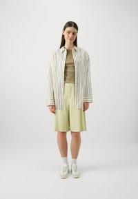 Lettstripet skjorte med knapper over en brun topp, sammen med lyse grønne shorts og hvite sneakers. Enkle smykker akkompagnerer antrekket.