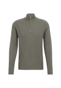 Geribbelde gebreide trui in olijfgroen met lange mouwen en een kwart rits kraag, met een getailleerde silhouet en minimale details.