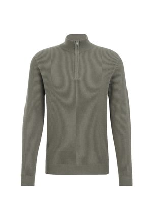 Pull en maille côtelée vert olive avec manches longues et col zippé à quart, présentant une coupe ajustée et un minimalisme dans les détails.