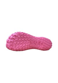 Suela de zapato de goma rosa con un patrón de agarre texturizado, clavos circulares y rectangulares, y un logotipo estampado en el centro.