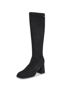 Botas negras hasta la rodilla, hechas de suave ante, con punta cuadrada y un tacón grueso. Textura suave con detalles de costura mínimos.
