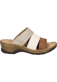 Brown and cream leather slide sandal with three wide straps, cushioned insole, and textured wedge sole, featuring a braided detail.