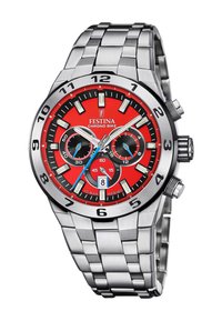 Montre en acier inoxydable avec un cadran rouge, des sous-cadrans noirs, des marqueurs d'heure en argent et une fonction chronographe. Comprend un bracelet en métal et un guichet de date.