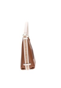 Borsa a tracolla in pelle marrone con una tracolla crema caratterizzata da una stampa con logo. Materiale testurizzato, forma morbida e dettaglio con zip sul lato.