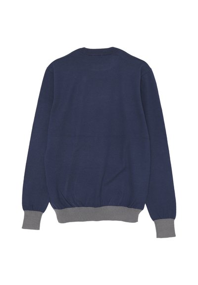 Maglione blu navy con maniche lunghe, scollo rotondo e polsini e orlo grigio a costine. Texture liscia e design aderente senza dettagli visibili.