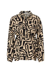 Lange mouw overhemd in beige met zwart abstract patroon. Heeft een ceintuur in de taille, lange mouwen en een aansluitende manchetten. Lichtgewicht, gladde stof.