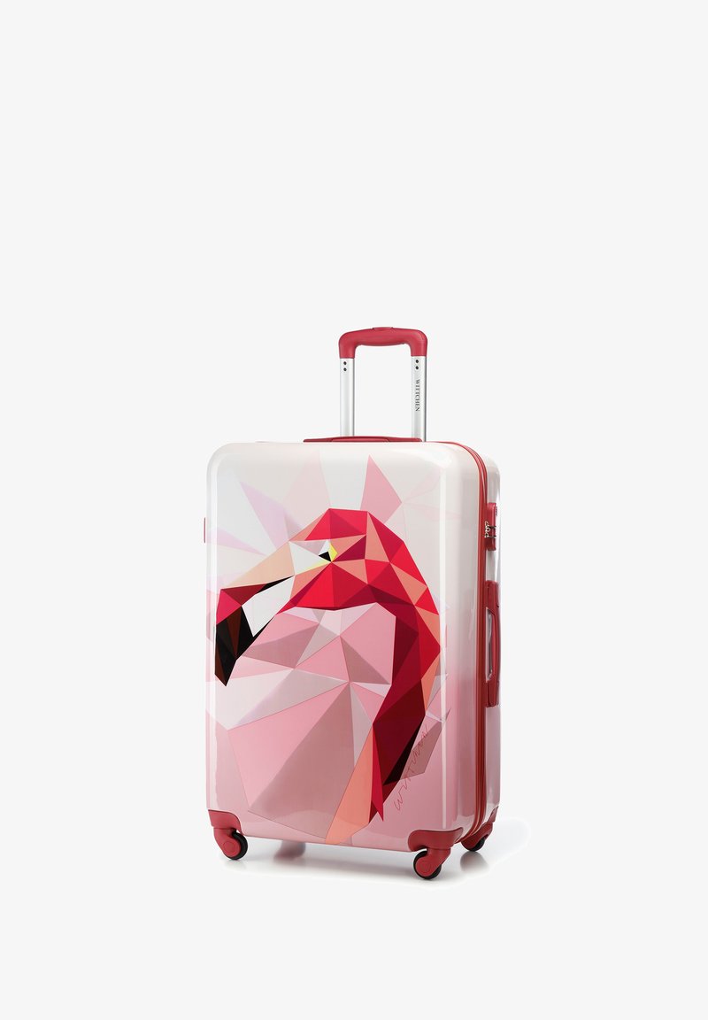 Valise rigide avec un design de flamant géométrique, finition brillante blanche et rose, accents rouges, roues doubles et poignée rétractable.