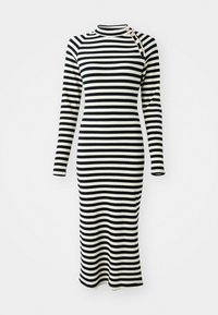 Rjava in bela črtasta dolga obleka s fitted obliko, visokim ovratnikom in okrasnimi gumbi na rami. Teksturovano pleteno blago.