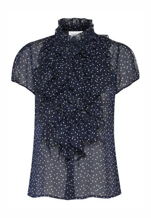 Mornarska bluza s kratkimi rokavi, plastična volančka in bel vzorec srca. Polprosojna tkanina z visokim ovratnikom in gumbnim zapiranjem.