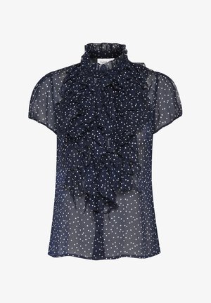 Mornarska bluza s kratkimi rokavi, plastična volančka in bel vzorec srca. Polprosojna tkanina z visokim ovratnikom in gumbnim zapiranjem.