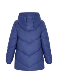 Blå puffjakke med hætte, med chevron quiltet design, elastiske manchetter og en glat, skinnende tekstur.
