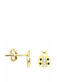 Orecchini a bottone a forma di coccinella in tono oro, con accenti in smalto nero e cristalli chiari scintillanti sul corpo. Chiusura a perno.