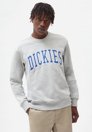 Gray sweatshirt featuring blue embroidered "DICKIES" text. Classic pullover design with ribbed crew neckline and cuffs. Smooth texture.