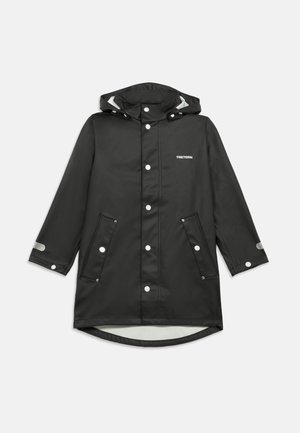 Black waterproof raincoat with a hood, snap buttons, two front pockets, and elastic cuffs; features logo on the chest and reflective accents.