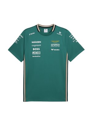 Puma Formula 1 hold T-shirt i teal, med korte ærmer, rund hals og brune sidestriber. Fronten viser flere sponsorlogoer.