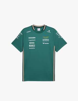 Puma Formula 1 team T-shirt in teal, featuring short sleeves, a round neck, and brown side stripes. Front displays multiple sponsor logos.
