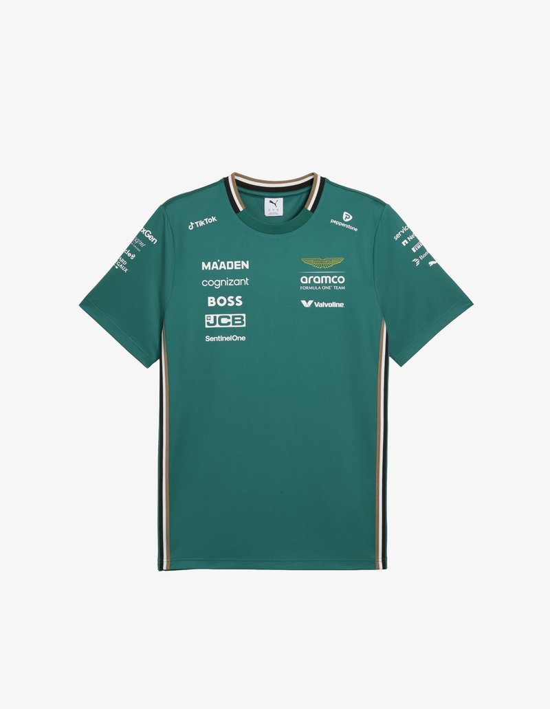 Puma Formule 1-team T-shirt in teal, met korte mouwen, een ronde hals en bruine zijkanten. De voorkant toont meerdere sponsorlogo's.