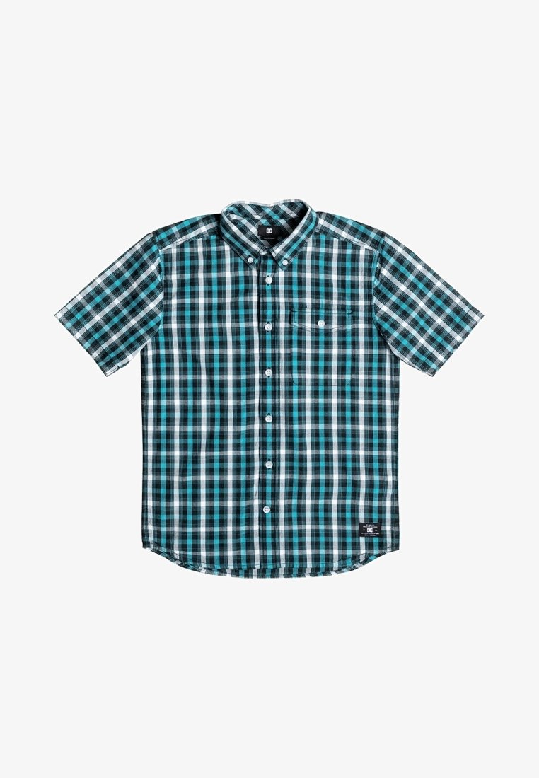 Chemise à manches courtes à boutons avec motif à carreaux bleu sarcelle, noir et blanc, poche poitrine avec bouton et col à revers.