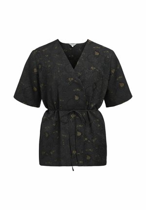 Schwarze Wickelbluse mit kurzen Ärmeln, elastischem Bund und subtiler Blumentextur in grünen und goldenen Akzenten.